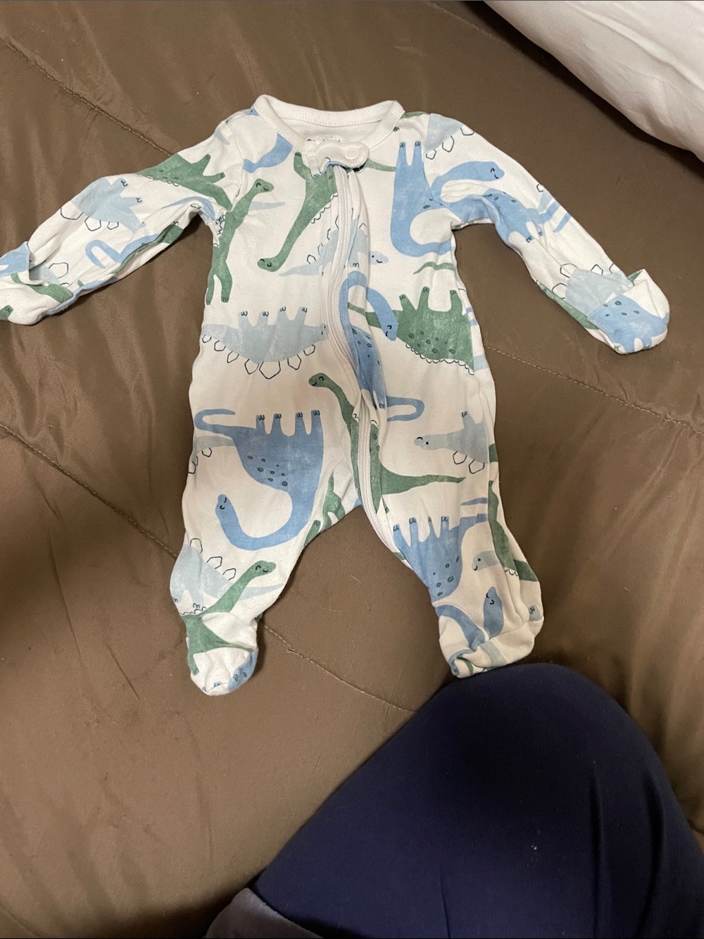 Carter's White Footed One-Piece with Blue & Green Dinosaur Print